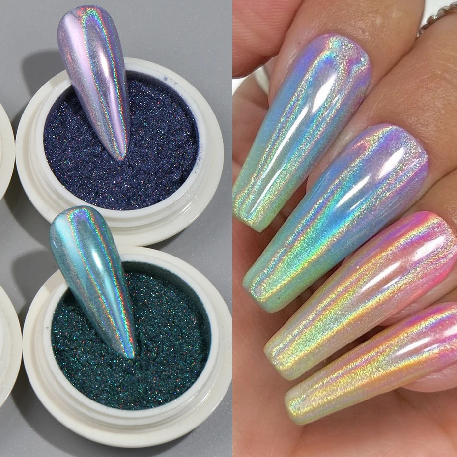 6 stücke Holographische Chrom Nagel Pulver Glitter Aurora Rosa Blau Lila Holochrome Nagel Pigment Metallic Spiegel Nail art Dekorationen