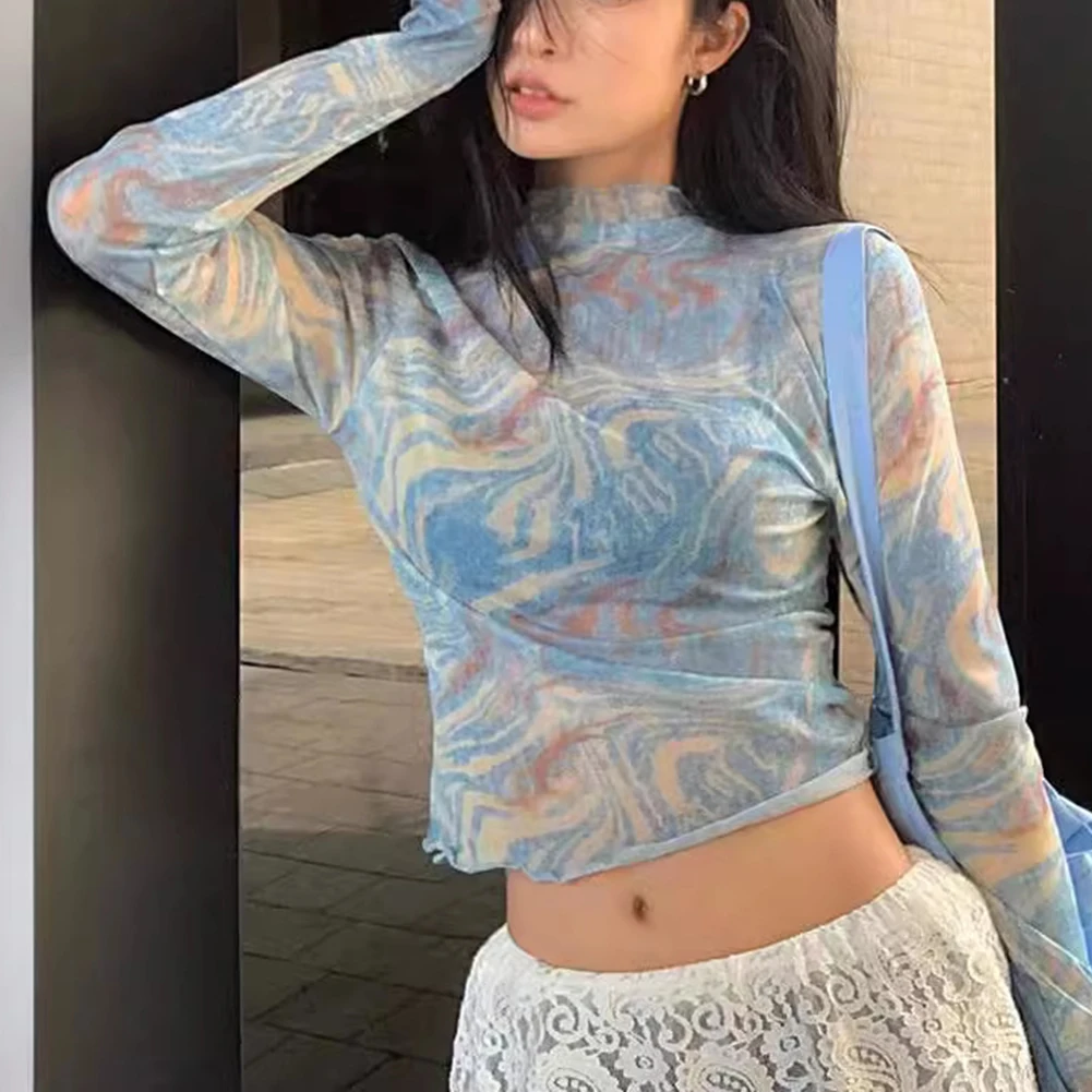 

Daily Commuting Wear Half Turtleneck Long Sleeve Casual Social Events Blue Lightweight Slim Fit T-shirt Casual Top