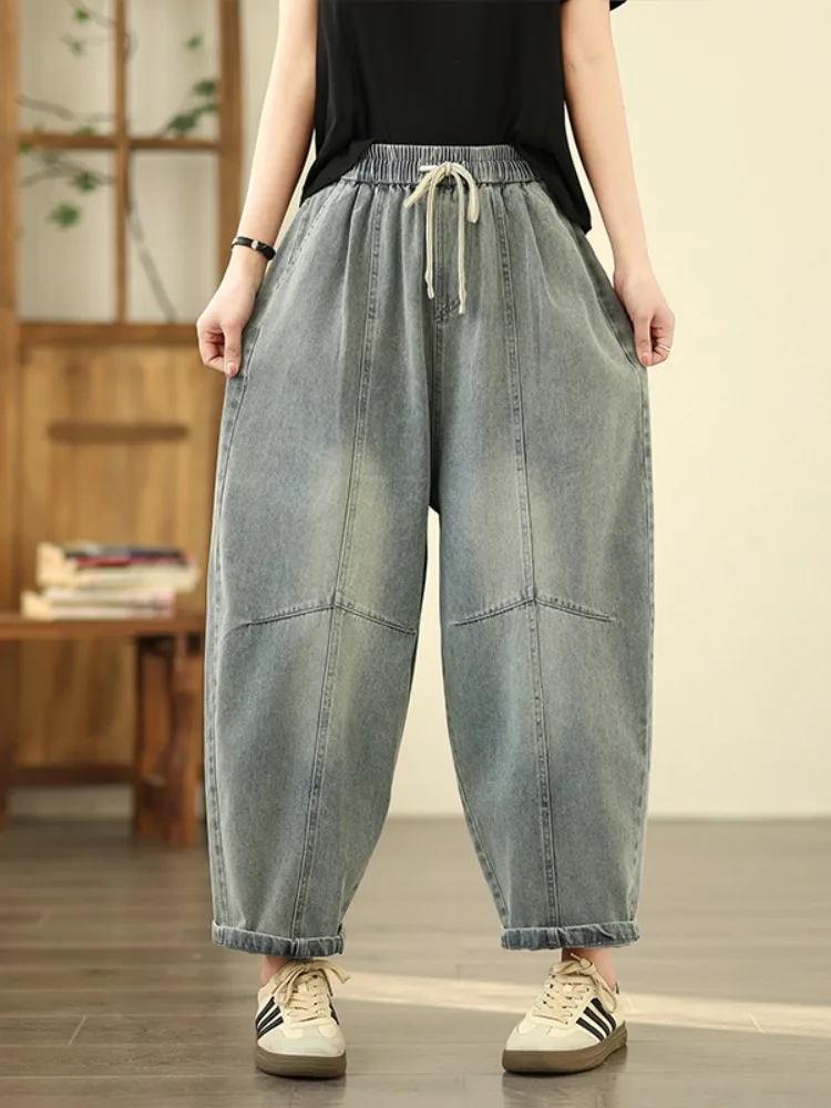 Celana Jeans Wanita Ukuran Besar Model Retro, Pinggang Elastis, Model Harlan, Celana Panjang Pelangsing, Celana Kasual Pinggang Tinggi untuk Musim Panas