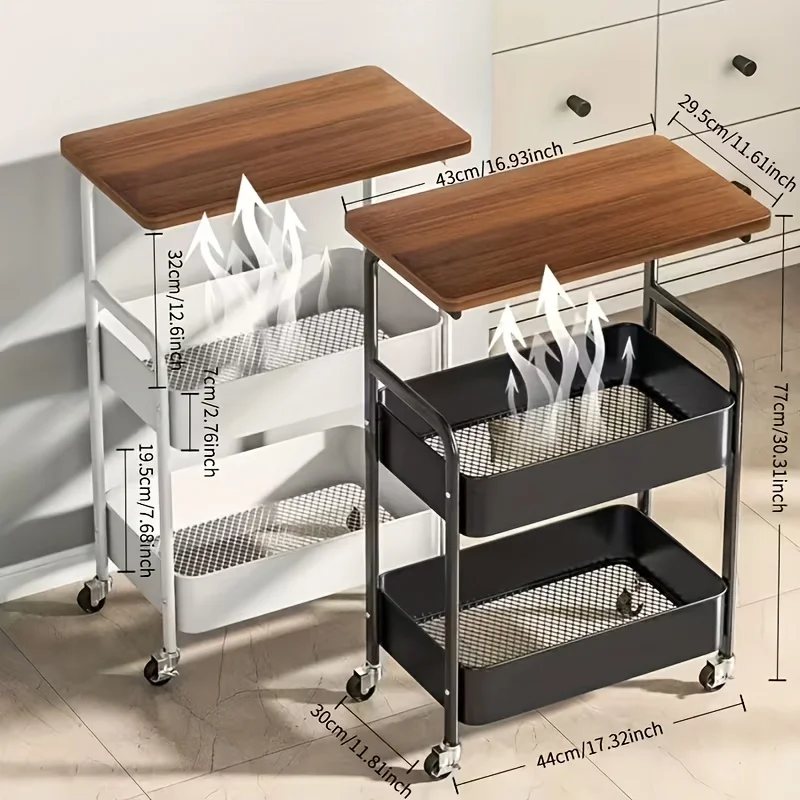 1pc Three-Layer Mobile Storage Cart | with Wooden Tabletop, Sturdy Metal Frame - Universal Wheel for Easy Movement