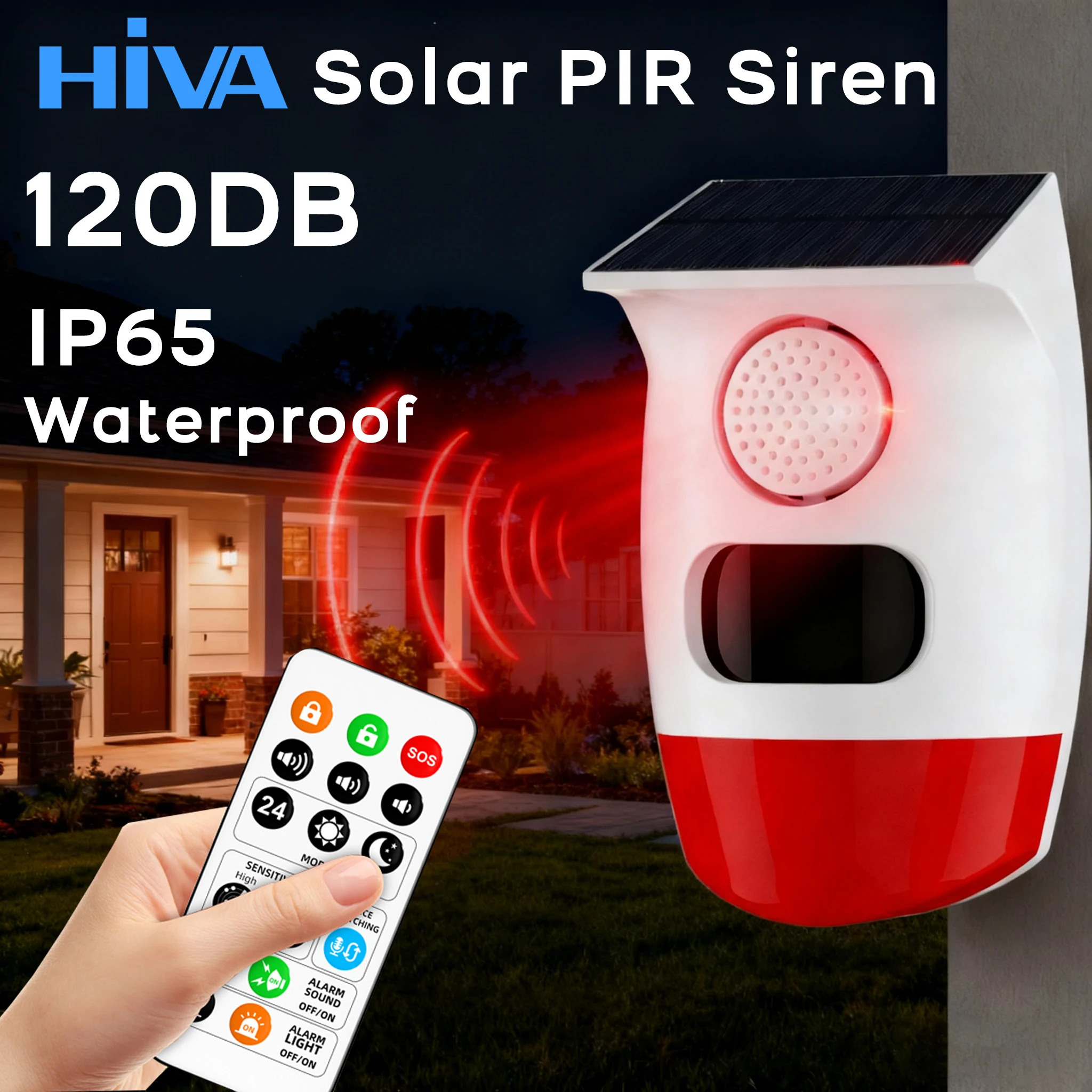 Allarme sensore di movimento wireless esterno solare Sirena da 120 dB Rivelatore a infrarossi PIR Luce stroboscopica impermeabile Sicurezza per la casa