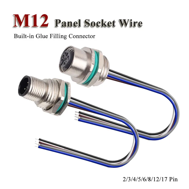 Waterproof M12 4 5 6 7 8 12 17 Pin Socket Wire Board Front/Rear Connector Cable with Zinc Alloy Shell Built-in Glue Filling Seat