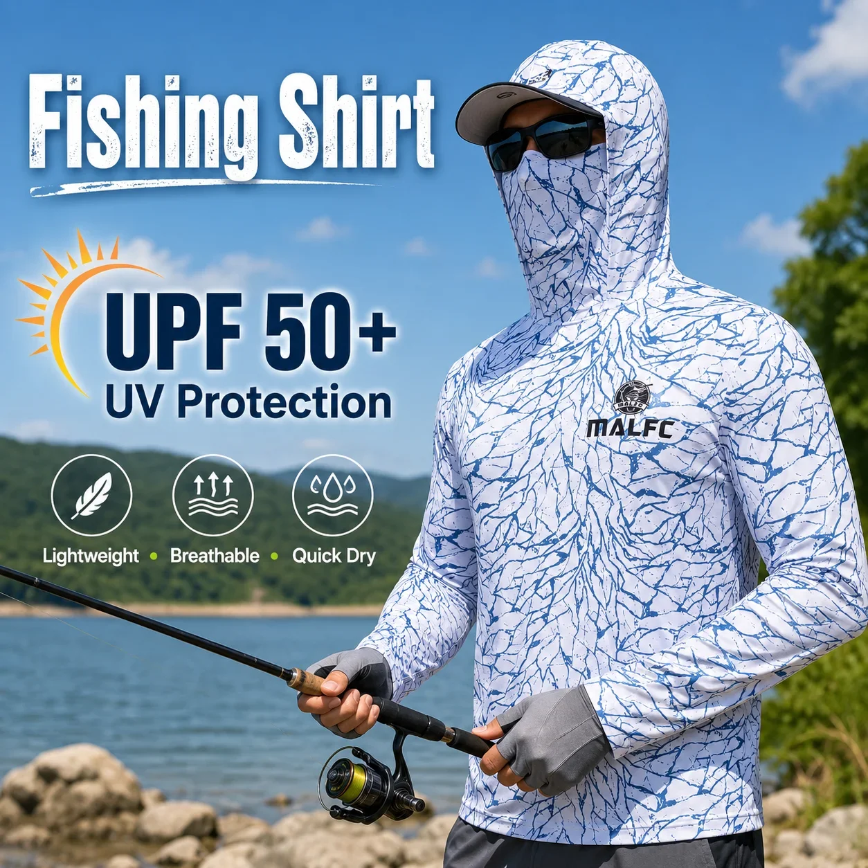 Men's UPF 50+ UV Protection Hooded Face Mask Crack Print Quick Dry Long Sleeve Fishing Shirt Outdoor Hiking Beach for Adult Men
