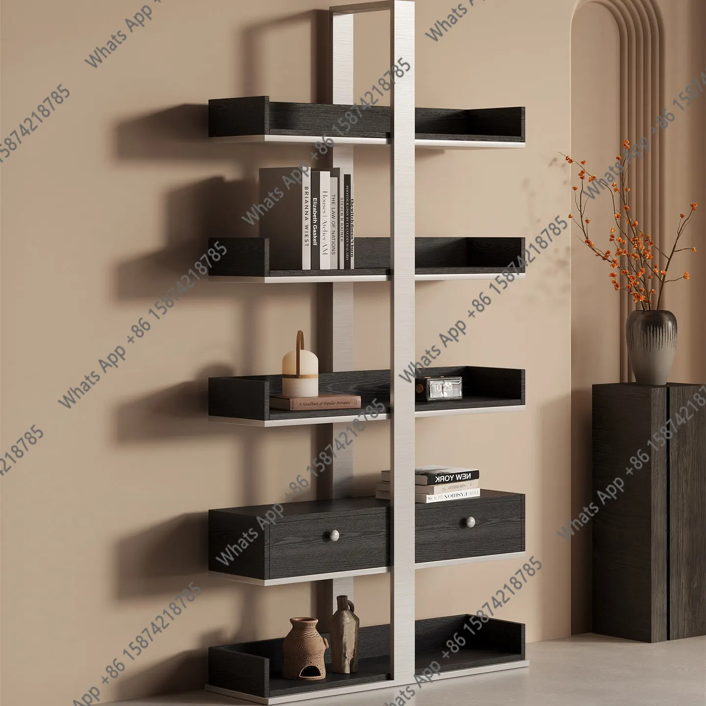

Italian minimalist bookshelf whole wall bookcase stainless steel light luxury floor simple modern decoration storage bogu shelf