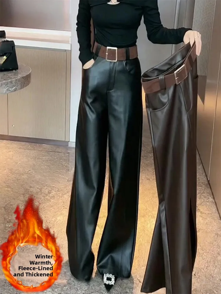 

Женские широкие брюки из искусственной кожи с высокой талией, на флисовой подкладке, свободного кроя, стройнящие, осенне-зимние, модные, новые, повседневные, прямые, длинные