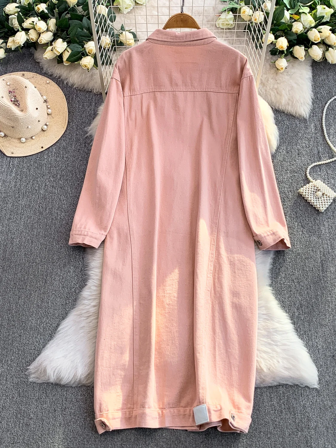 SuperAen Pink Single-breasted Denim Dress for Women 2025 Autumn New Korean Style Loose Long Dresses