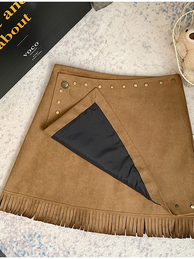 Retro Rive Skirts Women 2024 New High Waist A-Line Skirts Female Tassel Short Mini Skirt with Shorts Casual Elegant Skirt Preppy