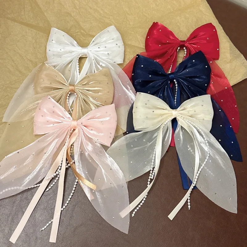 

Заколка для волос с жемчугом и стразами в виде звездного неба, лента-бант, для женских причесок, для хвоста, верхняя заколка для одежды