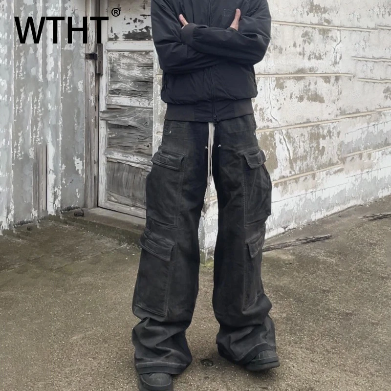 WTHT Fashion Men's Spliced Big Pockets Design High Street Denim Pants Vintage Wide Leg Loose Jeans Male 2025 Autumn 2A2404