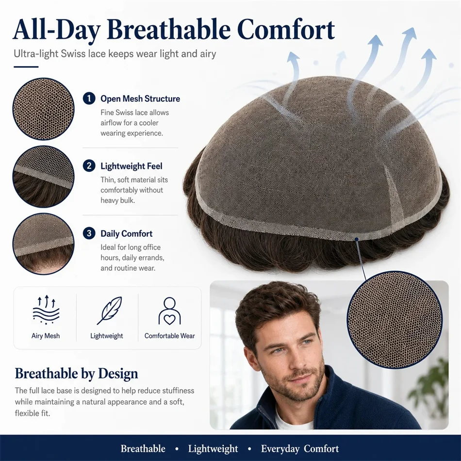Debmy Full Swiss Lace 100% Light to Medium Light Men Toupee Capillary Prothesis Hair Piece For Men Hair Replacement System