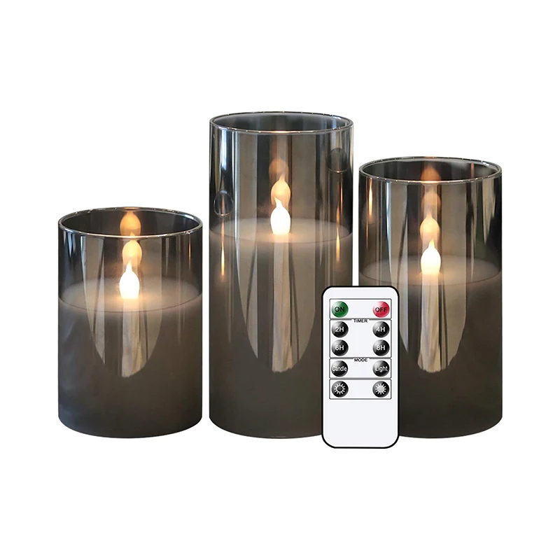 3pcs Set Clear Glass Flameless Candles Battery Operated Candles LED Pillar Candles with Remote Control and Timer