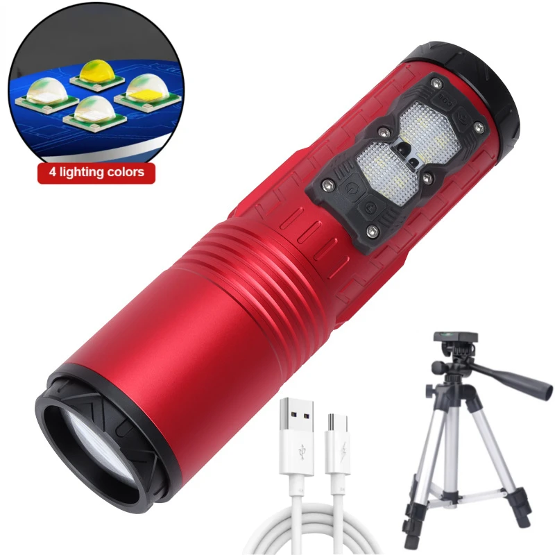 Super Bright  4 Light Sources Blue White UV Yellow Light LED Fishing Flashlight Type-C Adjustable Focus Emergency Light