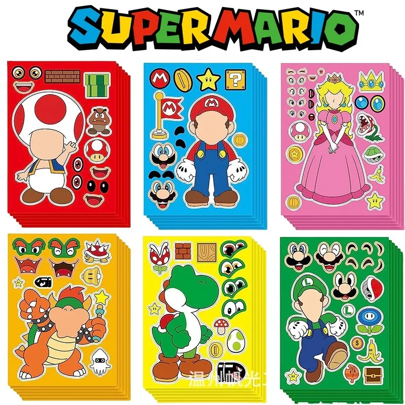 24pcs Super Mario Bros Toys Make A Face Stickers Anime DIY Funny Boys Girls Kids Assemble Jigsaw Toy Children Party Game Gifts