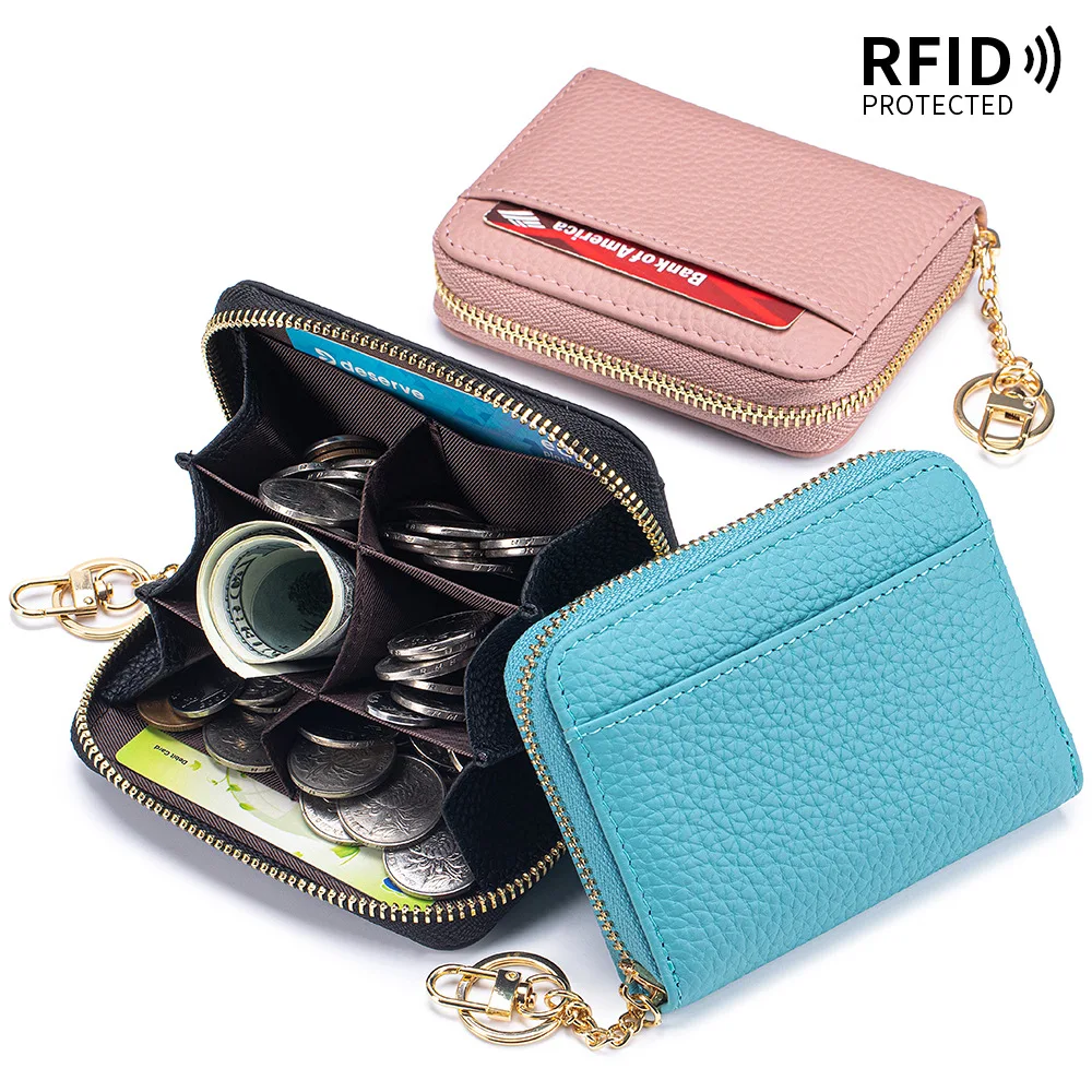 

Portable RFID Blocking Women's Card Bag Genuine Leather Luxury Credit Card Holders Zipper Pocket Large Capacity Coin Purse Gift
