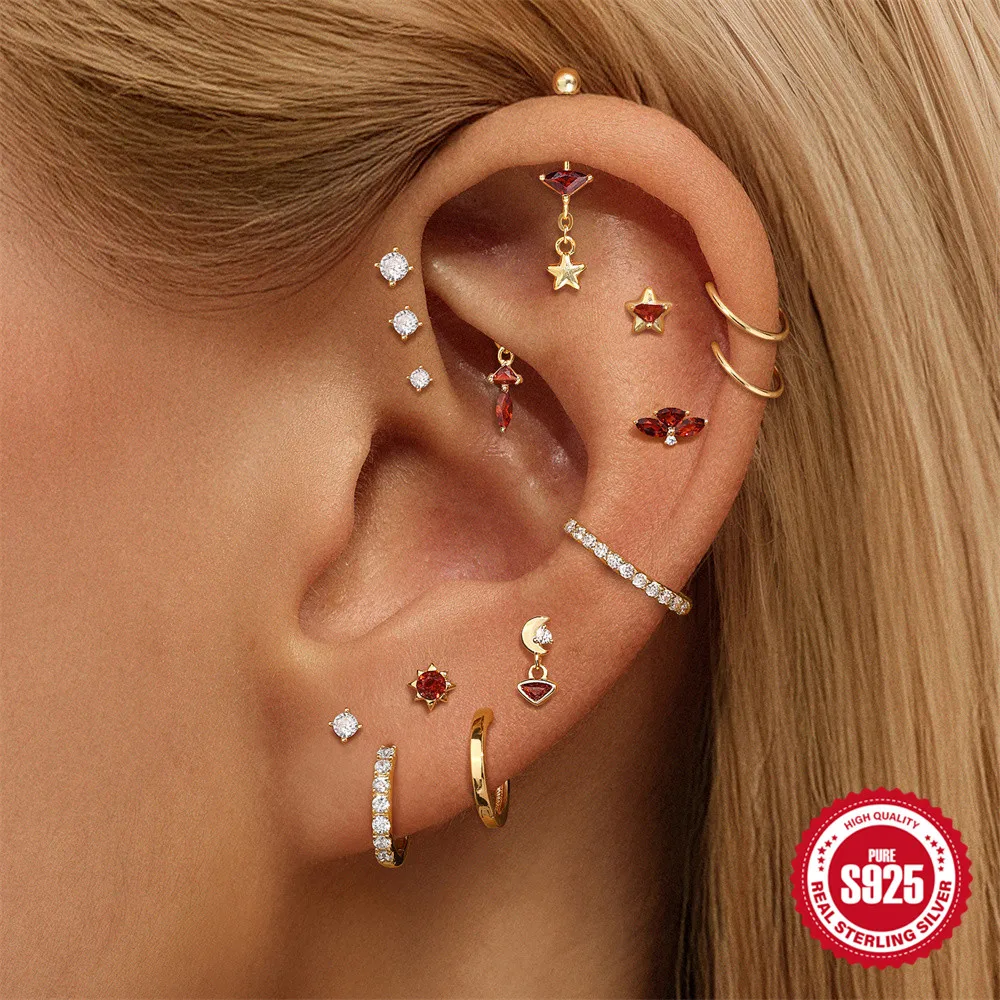 ROXI 925 argent Sterling géométrique rouge brillant Zircon étoile/lune charme délicat Piercing boucle d'oreille pour les femmes à la mode fête bijoux fins