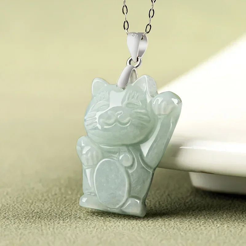 

Burmese Jade Cat Pendant Gifts for Women Natural Jewelry Fashion White Luxury Jadeite Necklace Gift Real Carved 925 Silver