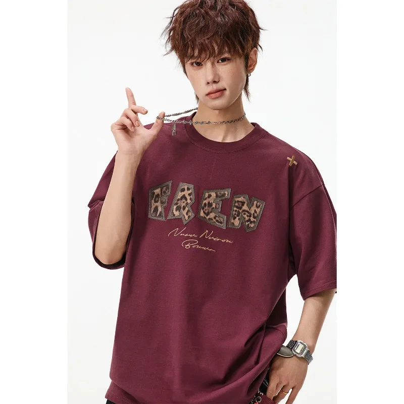 TFETTERS 2026 Summer Men's Oversized T-Shirt High Street Retro Leopard Print Patch Cotton Premium Texture Casual Streetwear Tee
