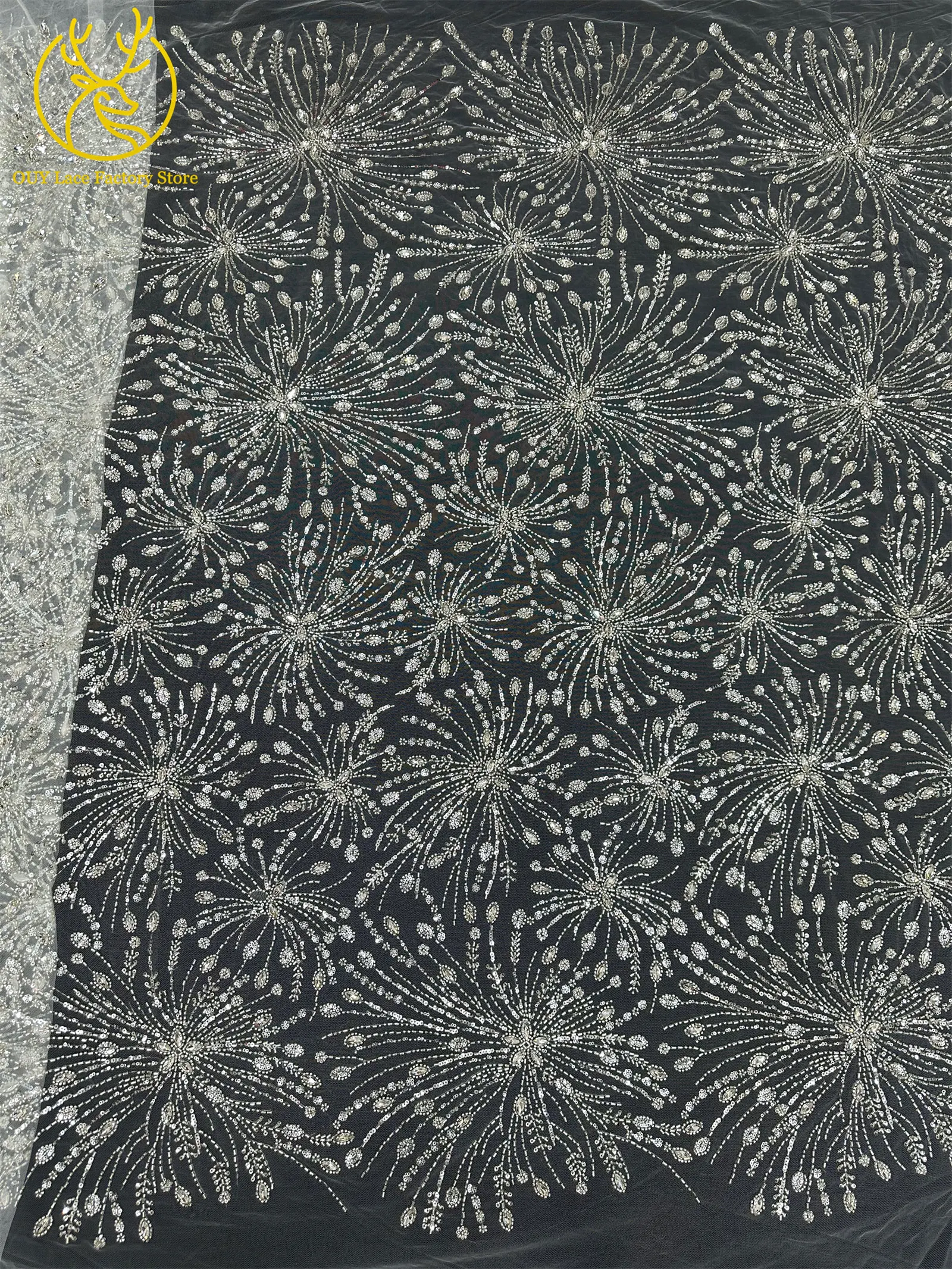 Goldene französische Edelstein-Perlenstickerei-Spitze, hochwertige nigerianische Mesh-Pailletten-Tüllspitze, afrikanischer Spitzenstoff für Damenkleider – Detail 13