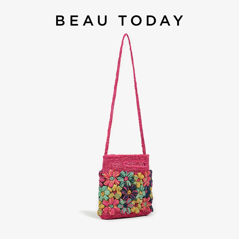 BEAUTODAY Woven Bags Women Raffia Mixed Color Colorful Flower Decoration Top-Handle Shoulder Bags Ladies Bags Handmade 62180