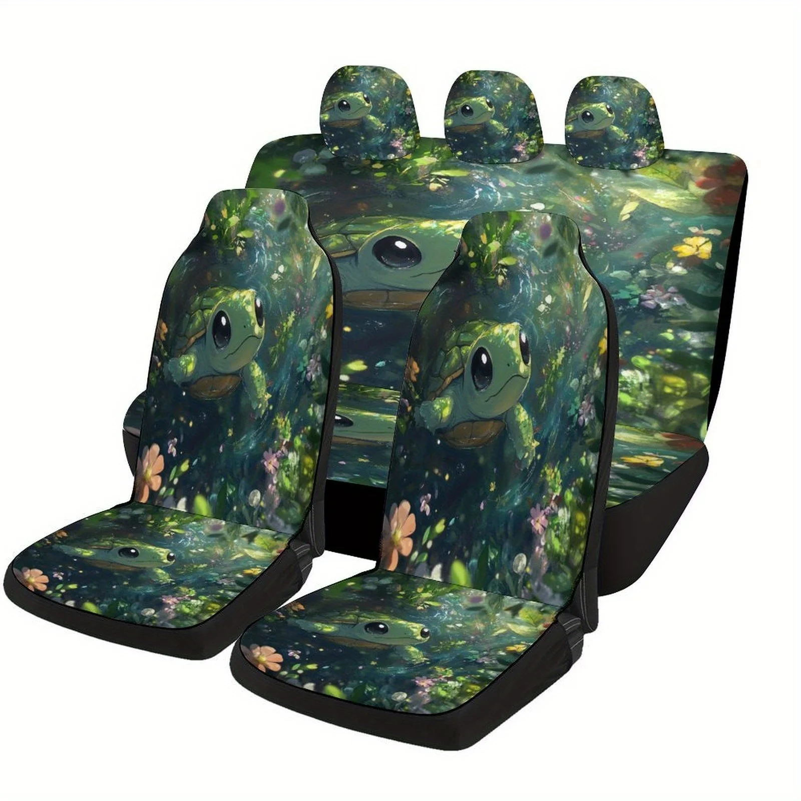 Chibi Turtle In Garden Themed Car Seat Cover Set For Most Cars, Fashion Personalized Novelty Car Seat Protector Covers Full Set,