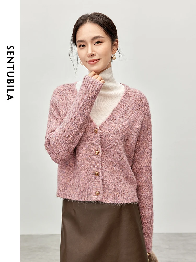 

SENTUBILA Elegant Straight Knit Cardigan for Women 2024 Autumn Winter V Neck Long Sleeve Cropped Women Sweater W44E57532