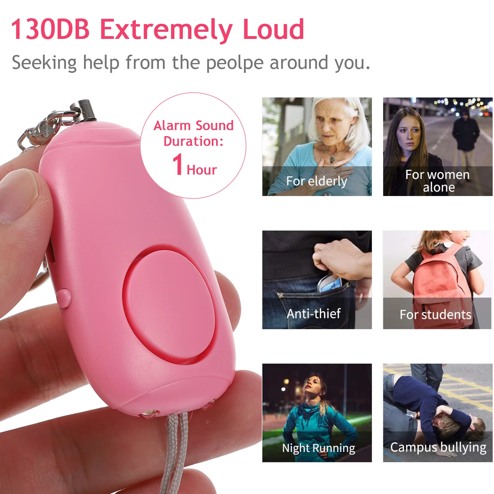 

Emergency Alarm Personal Security Siren 130 Decibels Loud Sound for Women with Flashlight Keychain Safety Device