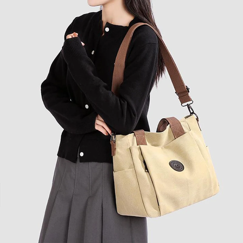 

Модная парусиновая женская сумка, большая вместительная минималистичная сумка на плечо с несколькими карманами на молнии, сумка через плечо, студенческая пригородная сумка-тоут