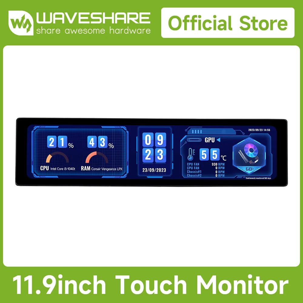 

Waveshare 11.9inch IPS Display, 320×1480 Toughened Glass Panel, HDMI, Optional Touch Function, Side Monitor, PC Temp monitor