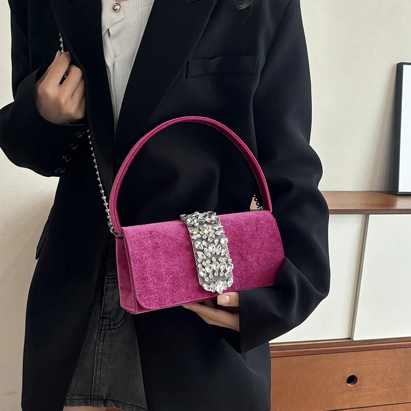 Shiny Diamond Party Purse Evening Bag For Women 2024 Spring Chain Shoulder Crossbody Bag Luxury Wool Cloth Handbag Clutch Bags