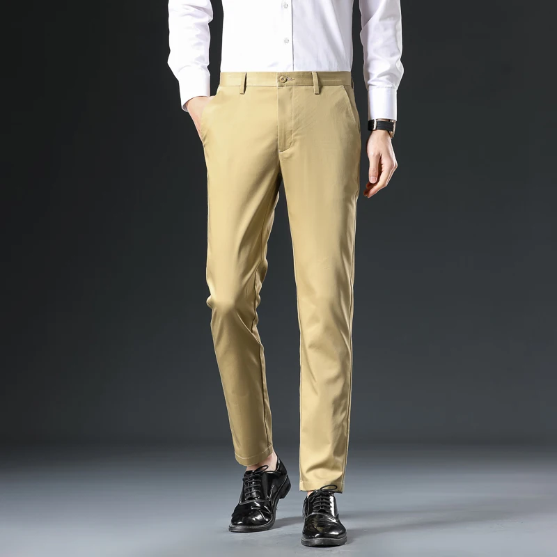 Ultra-thin Elastic Men's Casual Trousers Summer Quick-drying Ice Silk Slim Straight Business Solid Color Trousers Black Gray