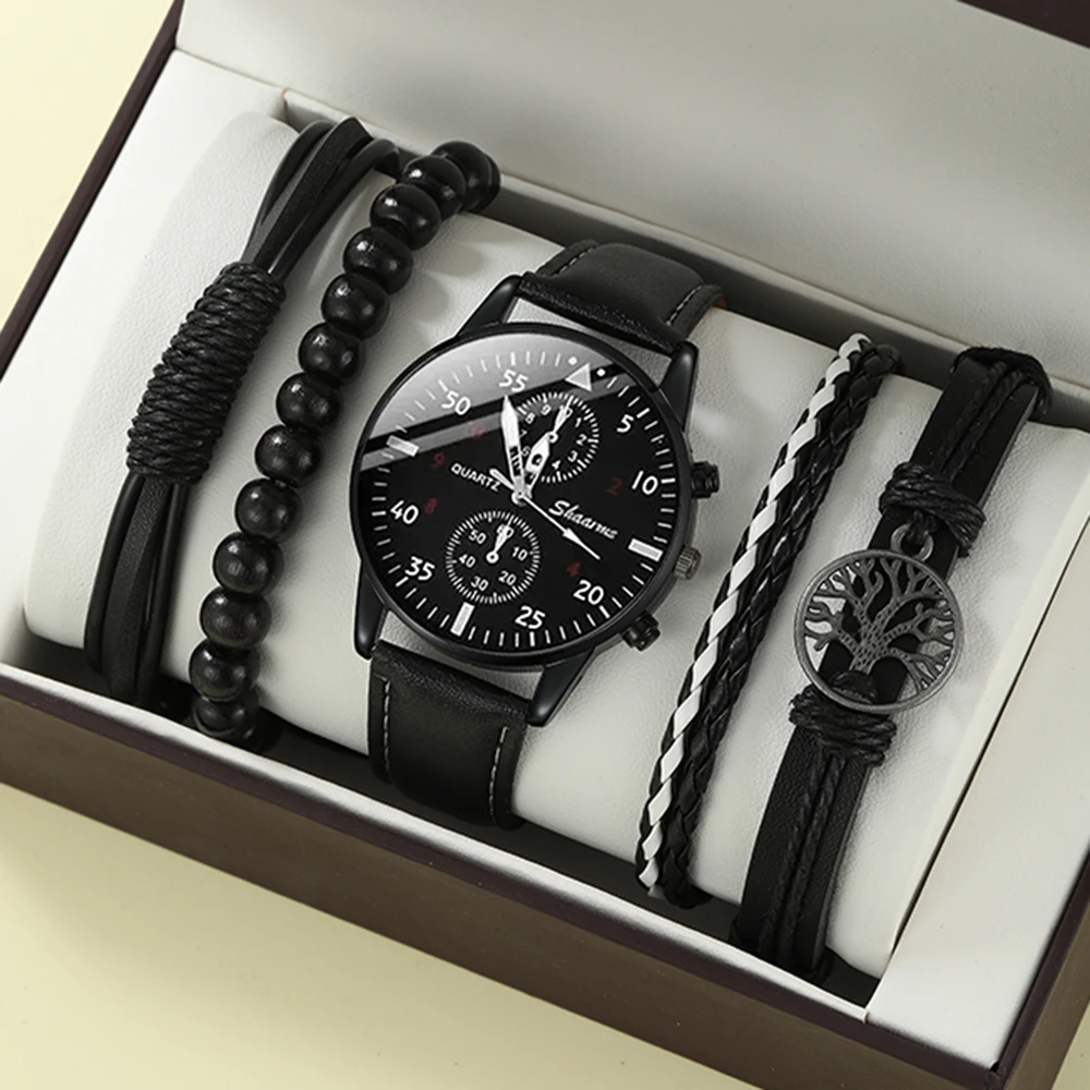 5pcs Men's Watch Fashion Casual Black Leather Quartz Watch and Fashion Casual Bracelet Set