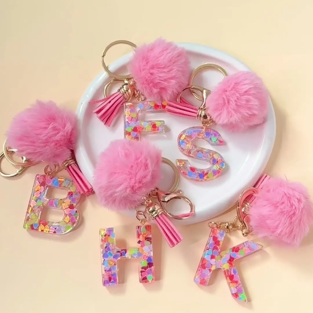 Cute Letters Keychain with Pink Initials, Shiny Resin Alphabet Pendant with Girl's Sponge Letters Handbag Backpack Accessories