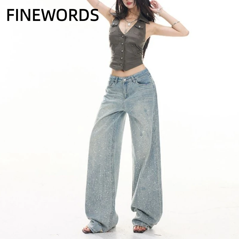 

FINEWORDS Women's Light Blue Rhinestone Wide Leg Jeans - High Waist Sparkly Baggy Denim Pants Y2K Streetwear Trousers