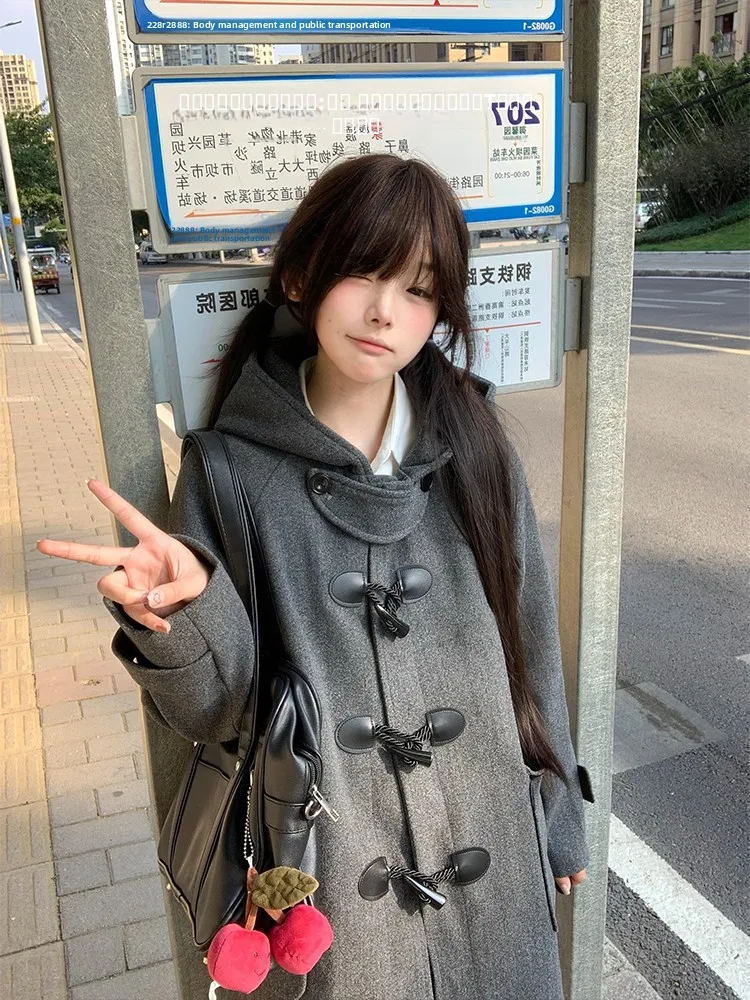 

Женское шерстяное пальто, весна-осень-зима, свободный длинный рукав с пуговицами, корейская версия, повседневная верхняя одежда для женщин