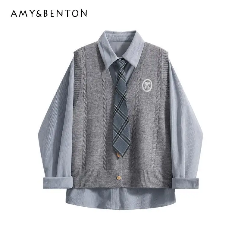 

Весна и осень 2025 г., серый вязаный жилет с v-образным вырезом в студенческом стиле, воротник-поло, абрикосовая рубашка с длинными рукавами и галстуком, комплект из двух предметов