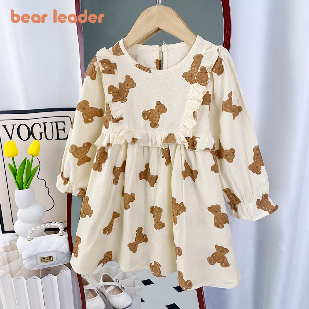 Bear Leader Autumn Winter Girls Dress Fashion Cute Round Neck Little Bear Print Dress Children Girls Long Sleeve Princess Dress