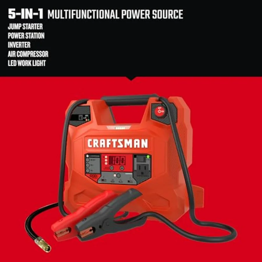 1200A Car Battery Jump Starter and Portable Power Station 5-in-1 Solution with 100-PSI Air Compressor for 12V Automotive Sport