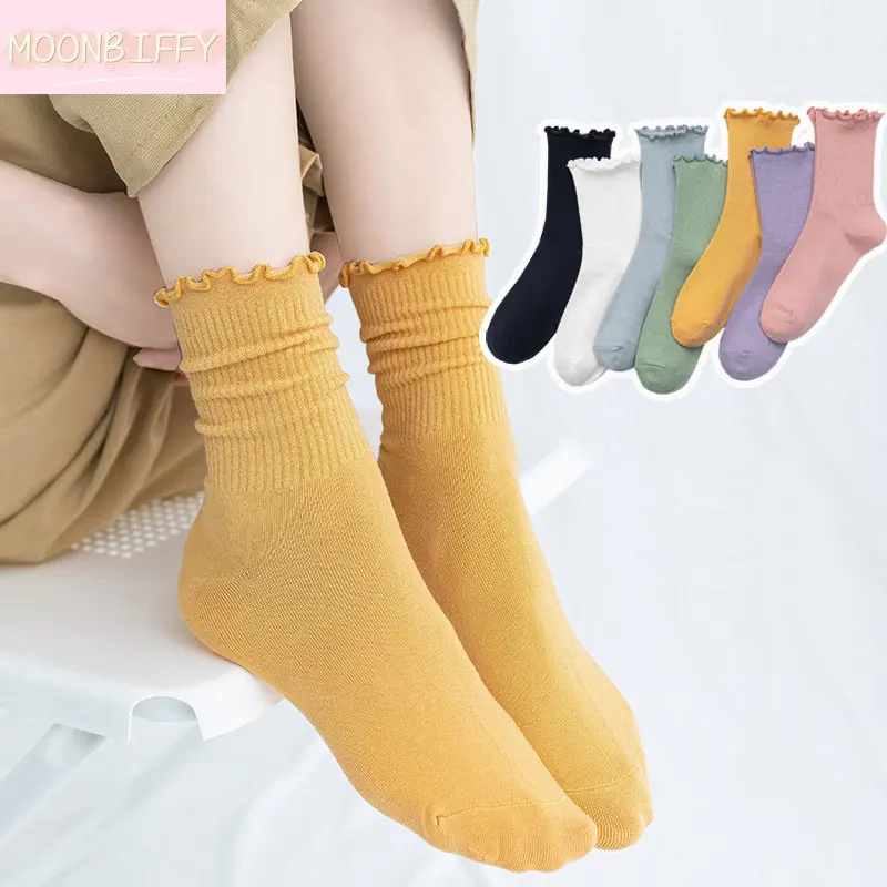 Middle Tube Women Socks Cotton Solid Comfortable Cute Wavy Edge College Style Girls Socks