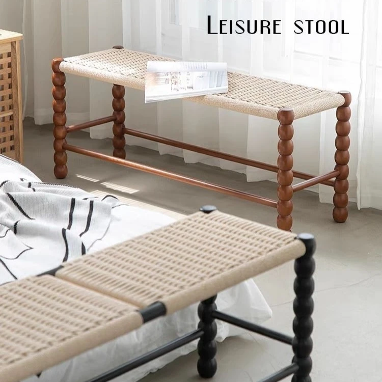 

ins medieval braided rope solid wood bench designer creative bedside home entrance retro shoe changing stool