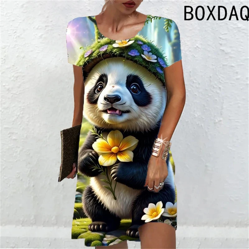 Cute Panda Animal Cartoon Print Women Dress New 2024 Summer Dress Fashion Short Sleeve Loose Casual A-Line Dress Ladies Street