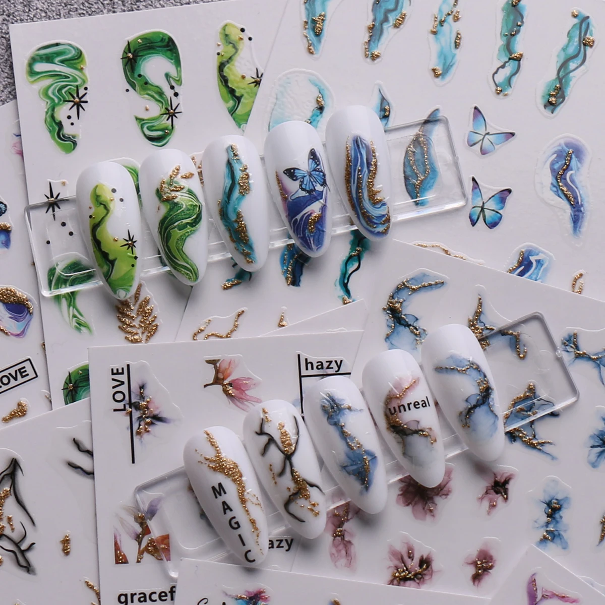 6pcs marbled glitter nail art stickers, easy to apply for nail decoration, DIY, gift, party makeup look, artistic stickers