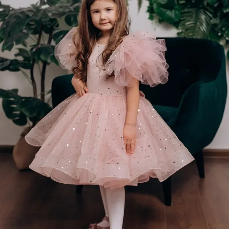 

Sequin Puffy Pink Flower Girl Dress For Wedding Shining O-Neck With Bow Princess Kids Birthday Party First Communion Ball Gown