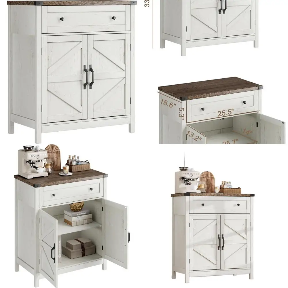 Белый кухонный фуршет в стиле фермерского дома с выдвижными ящиками и кофейником для хранения в гостиной и столовой