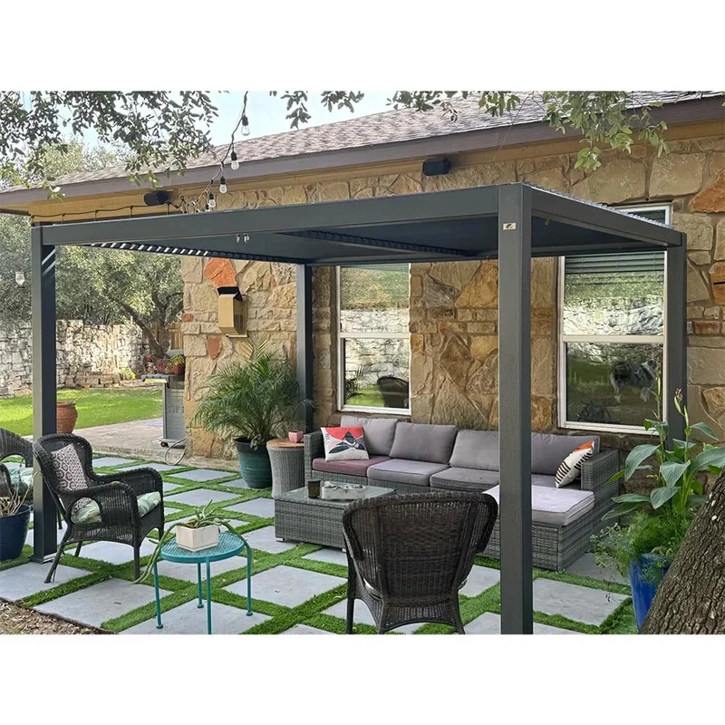 X Aluminum Pergola with Roof & Sides Motorized Sunshade System LED Lighting Powder Coated Outdoor Balcony Garden Structure