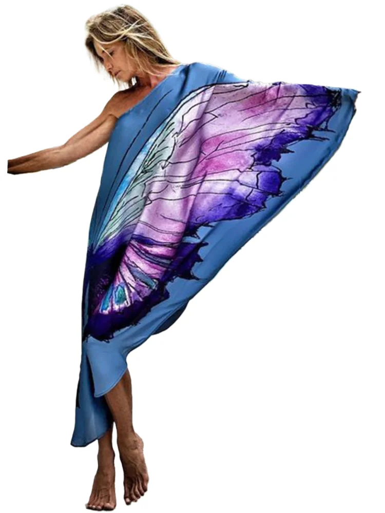 

Color Print One Shoulder Sleeve Dresses Women Sexy Off Shoulder Loose Beach Vacation Irregular Long Dress Streetwear