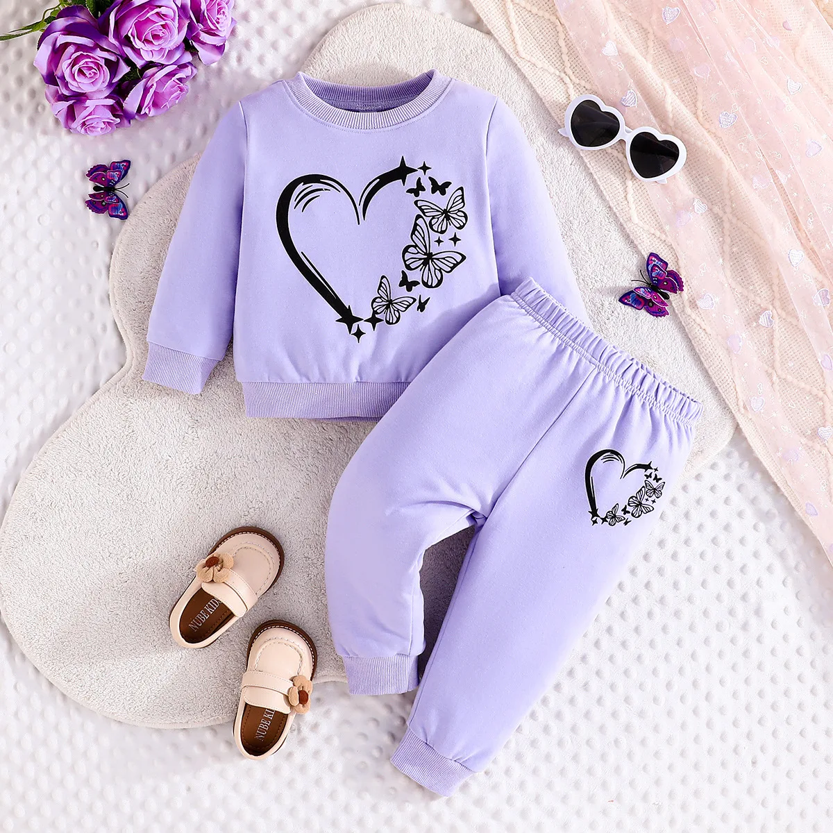 2024 New Winter Children Sets Long Sleeve Print Butterfly T-shirt Purple Trousers 2 Pcs Roupa Infantil Menina Clothes Sets 6M-3T