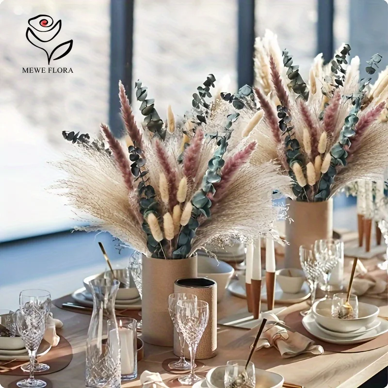 55 قطعة Pampas أنيقة المجففة زهرة الأرنب الذيل باقة بوهو المنزل زهرية حديقة ديكور زهرة اصطناعية الأوكالبتوس الزفاف الديكور