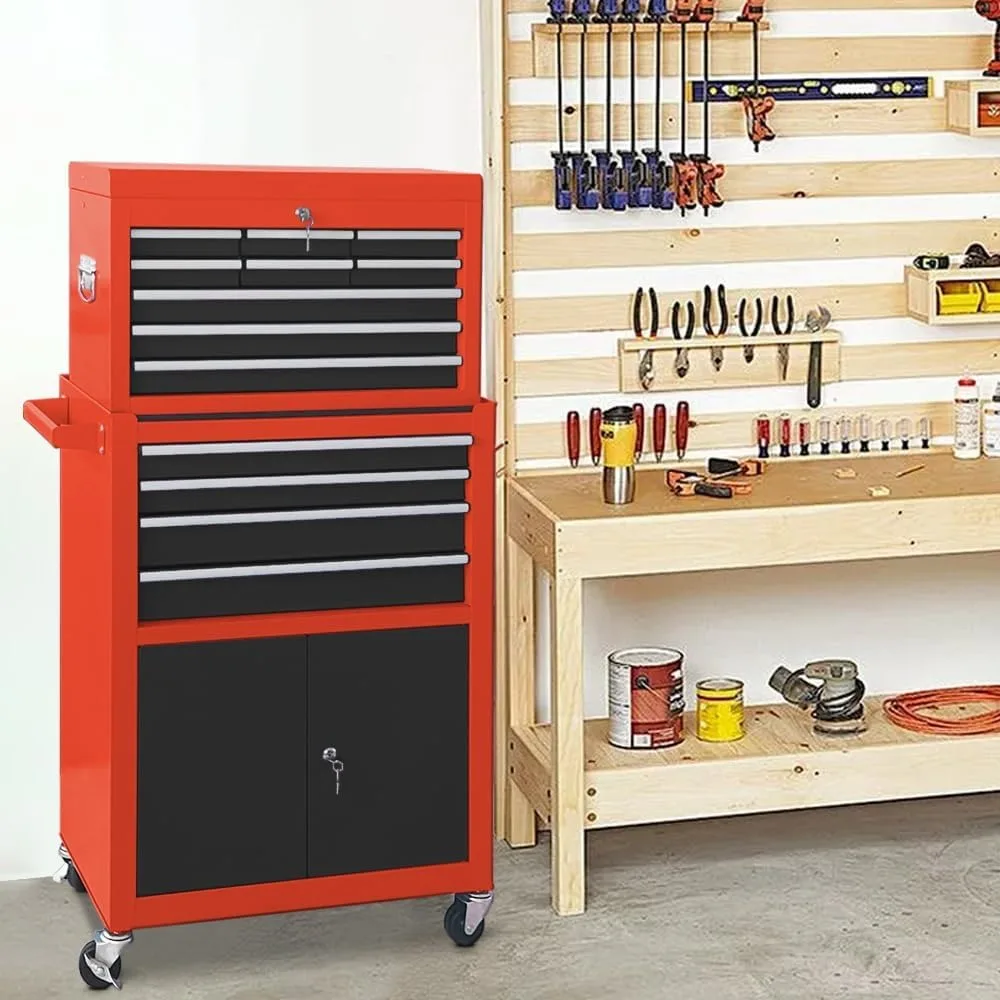 صندوق أدوات ذو 13 درجًا مع باب مزدوج وعجلات، صندوق أدوات كبير قابل للفصل مع أدراج منزلقة، كابينة تخزين صندوق أدوات ميكانيكي