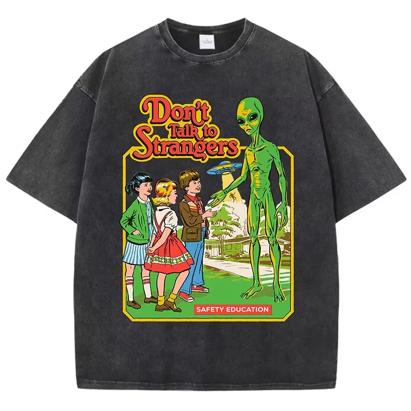 2026 Cartoon Alien Classic Communication Print Women Breathable Cotton Short Sleeve Washed Vintage Worn Out Female T Shirts
