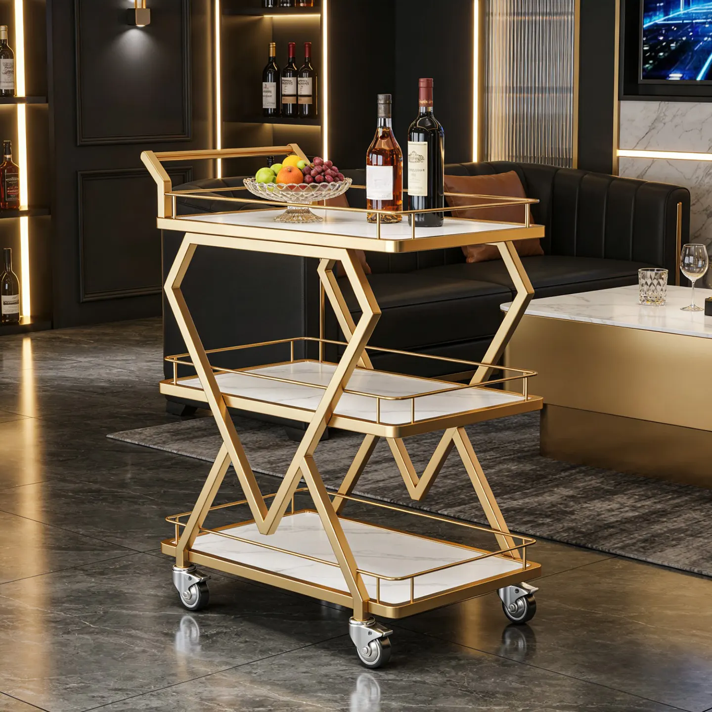 Load-bearing large KTV wine trolley commercial mobile rack bar fruit snacks beverage storage cart
